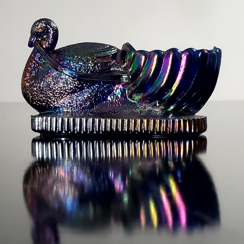 Vntg. St. Clair Blue Carnival Glass Swan Salt Dip Cellar / Trinket Dish #2